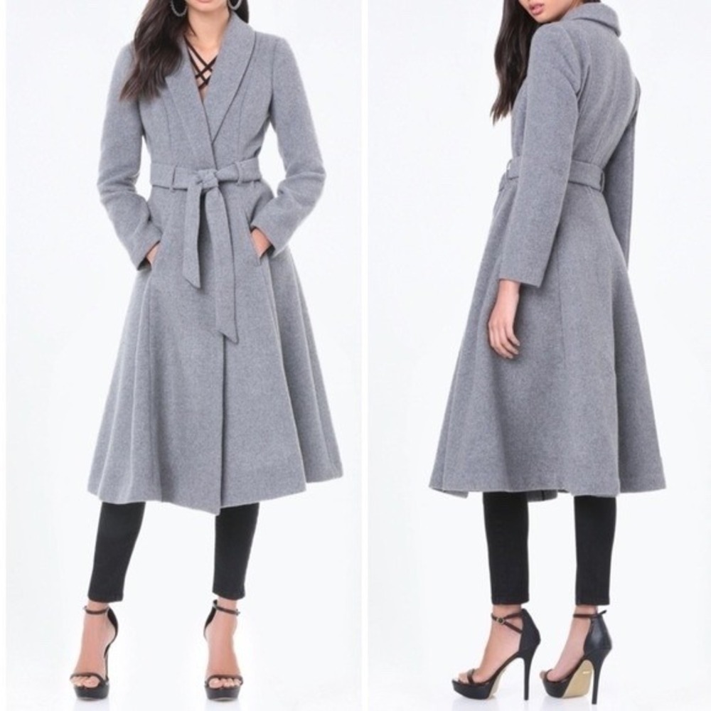 Bebe Belted Wool Blend Midi Coat Grey‎ Wrap Shawl Collar XS Minimalistic Chic